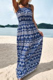 Blue Printed Square Neck Drawstring Slip Maxi Dress