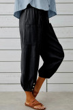 Plain Elastic Waist Buttoned Hem Pockets Joggers