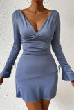 Blue V Neck Ruched Bell Sleeves Dress