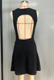 Black Crew Neck Backless Drawstring Waist Sports Dress