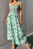 Square Neck Smocked Tie Strap Maxi Floral Dress