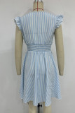 Blue Stripes Ruffle V Neck Dress