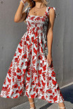 Square Neck Smocked Tie Strap Maxi Floral Dress
