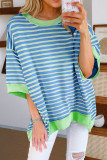 Sky Blue Stripe Oversized Contrast Trim Exposed Seam High Low T Shirt