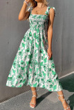 Square Neck Smocked Tie Strap Maxi Floral Dress