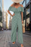 Stripe Print Off Shoulder Wide Leg Jumpsuit