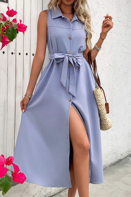 Sleeveless Button Up Tie Waist Dress