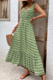 Geometric Print V Neck Drawstring Waist Sleeveless Maxi Dress