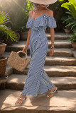 Stripe Print Off Shoulder Wide Leg Jumpsuit