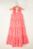 Pink Floral Print Frilly Neck Sleeveless Tiered Maxi Dress