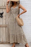 Geometric Print V Neck Drawstring Waist Sleeveless Maxi Dress