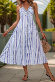 Blue Printed V Neck Halter Blackless Maxi Dress
