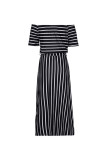 Black Stripe Off Shoulder Drawstring Waist Dress
