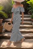 Stripe Print Off Shoulder Wide Leg Jumpsuit