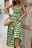 Geometric Print V Neck Drawstring Waist Sleeveless Maxi Dress