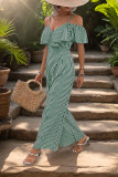 Stripe Print Off Shoulder Wide Leg Jumpsuit