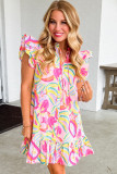 Pink Abstract Floral Ruffle Trim Flutter Sleeve Buttoned Dress