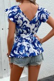Blue Tie Waist V Neck Ruffle Sleeves Top