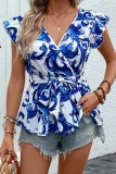 Blue Tie Waist V Neck Ruffle Sleeves Top