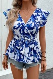 Blue Tie Waist V Neck Ruffle Sleeves Top