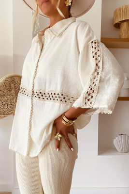 White Crochet Patchwork Half Sleeve Scallop Edge Shirt