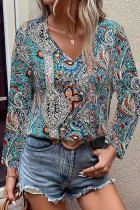 V Neck Long Sleeves Paisley Printed Top