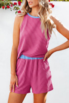 Bright Pink Corded Contrast Trim Sleeveless Top and Shorts Set