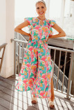 Pink Floral Ruffled Sleeve Top Smocked Wide Leg Pants Set