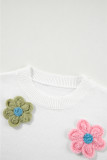 White Cute Flower Applique Short Sleeve Sweater