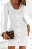 Ribbed Knitting Lace Button Up Long Sleeves Dress
