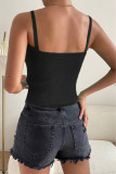 Black V Neck Buttoned Rib Slip Tank Top