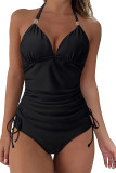 V Neck Ruched Halter Tankini Set