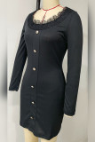 Ribbed Knitting Lace Button Up Long Sleeves Dress