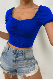 Plain Square Neck Puff Ruched Crop Top