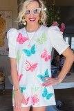 White Colorful Sequin Butterfly Puff Sleeve Top Shorts Set