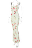 Beige Spaghetti Floral Dress