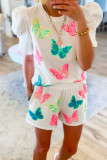 White Colorful Sequin Butterfly Puff Sleeve Top Shorts Set