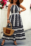 Black Geometric Print Halter Blackless Plus Size Dress