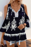 Black Retro Print Keyhole Front Tie Neckline Cold Shoulder Blouse