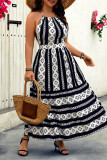 Black Geometric Print Halter Blackless Plus Size Dress