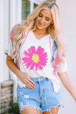 White Daisy Printed Striped Colorblock Sleeve V Neck T Shirt