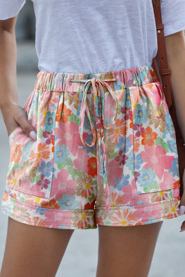 Pink Floral Print Side Pockets Drawstring Casual Shorts