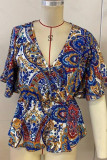V Neck Elastic Waist Printed Blouse