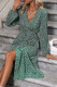 Green V Neck Puff Sleeves Printed Dress