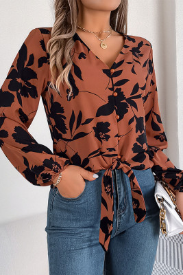V Neck Floral Printed Twist Knot Blouse
