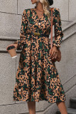 Khaki Leopard Splicing V Nek Tiered Dress