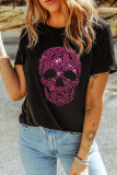 Black Rhinestone Leopard Skull Graphic Crewneck Casual T Shirt