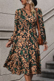 Khaki Leopard Splicing V Nek Tiered Dress