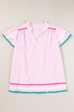 Pink Stripe Ricrac Trim Split Neck Striped Ruffled Sleeve Blouse