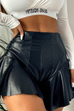 Black High Waist Ruffle Leather Shorts